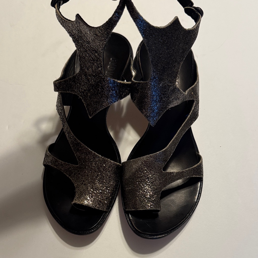 Cydwoq Vintage Metallic Black Cutout Women's Sandals With Ankle Strap Handmade
